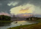 Knud Baade, Blick auf Dresden bei Sonnenuntergang, 1838, Öl auf Bütten auf Holz