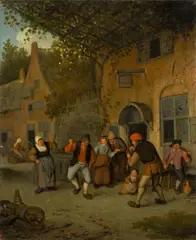 Cornelis Dusart, Bauern vor der Schänke beim Seilspringen, 1679, Öl auf Eichenholz