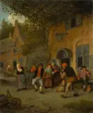 Cornelis Dusart, Bauern vor der Schänke beim Seilspringen, 1679, Öl auf Eichenholz