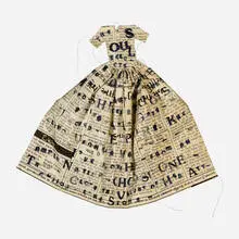 Lesley Dill, Poem Dress, The Soul Selects Her Own Society, 1993, lithograph on Indian newspaper with tea stains and thread