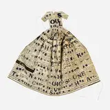 Lesley Dill, Poem Dress, The Soul Selects Her Own Society, 1993, lithograph on Indian newspaper with tea stains and thread