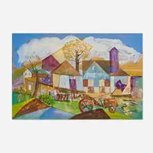 Joseph Meierhans, Village Scene, oil on Masonite