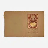 Important sketchbook dedicated to Lawrence (Mazzy) Mazzanovich by William Wallace Denslow and Francis and J.C. Leyendecker, 1899, suede leather, paper, ink, watercolor and graphite on paper, ribbon, offered Aug 2023