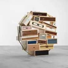 Tejo Remy, You Can't Lay Down Your Memories, c. 1991, vintage drawers, maple frames, jute, stainless steel