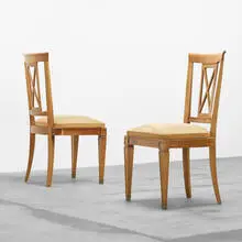 André Arbus, chairs, pair, c. 1940, pearwood, upholstery, brass