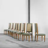 Jacques Adnet and Gilbert Poillerat, dining chairs, set of eight, c. 1945, oak, hand-woven wool, steel