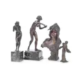 Gotthilf Jaeger, and Victor Henrich Seifert (Austria, 1870-1953): Two patinated bronze figures of female nudes together with a small cold painted spelter figure of a geisha and a  bronzed spelter bust after Emmanuel V, patinated bronze