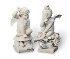 Harriet Hosmer, carved white marble figure of 'Puck' together with an unsigned companion pendant figure of 'Will o the Wisp' (third version), marble