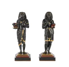 Émile Louis Picault, pair of patinated and parcel gilt and rouge and black marble figures of an Egyptian Priest and an Egyptian scribe, marble