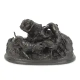 rare patinated bronze model of 'Chasse au Renard (Renard Pris Per Deux Chiens) by Pierre-Jules Mêne, 1849, patinated bronze, offered Jul 2023