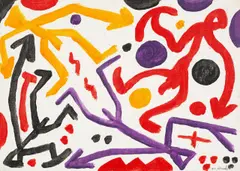 A. R. Penck, Moderner Krieg bunt A“. 1970er Jahre, Acryl auf Leinwandkarton