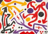 A. R. Penck, Moderner Krieg bunt A“. 1970er Jahre, Acryl auf Leinwandkarton