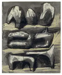 Three Reclining Figures by Henry Moore, 1959, Tuschpinsel und -feder und Kohle auf Papier, wohl aus einem Skizzenbuch, sold May 2011