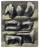Henry Moore, Three Reclining Figures, 1959, Tuschpinsel und -feder und Kohle auf Papier, wohl aus einem Skizzenbuch