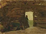 Max Liebermann, Bauersfrau in einem Schuppen – Blick aus der Tür auf Dünenlandschaft“. 1890 (?)