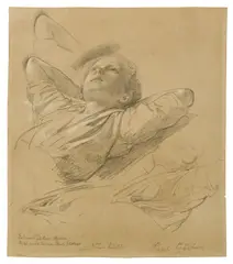Eduard Gaertner, Studien zum Brustbild eines liegenden Jungen (Paul Gärtner), Um 1845, Bleistift, weiß gehöht, auf Bütten