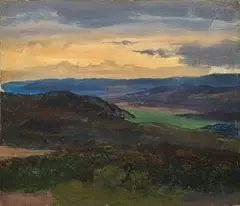 Friedrich Preller d. Ä., Blick von der Wartburg bei Sonnenuntergang, 1841, Öl auf Leinwand. Doubliert