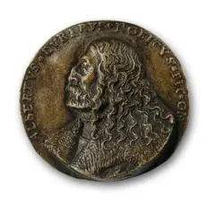 Medaille mit dem Bildnis Albrecht Dürers by Hans Schwarz, 1519, Gelbguß (vermutlich bei Melchior Pfinzing, Probst von St. Sebaldus Nürnberg), rückseitig gebürstet. Ø 5,7 cm (2 ¼ in.), sold Nov 2012