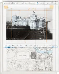 Christo, WRAPPED REICHSTAG (Project For BERLIN), 1994, Grafit, Kohle, Wachskreide, Lackfarbe, Schwarzweißfotografie, Schwarzweißkopie und Klebestreifen auf Karton, im originalen Acrylglasrahmen