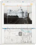 Christo, WRAPPED REICHSTAG (Project For BERLIN), 1994, Grafit, Kohle, Wachskreide, Lackfarbe, Schwarzweißfotografie, Schwarzweißkopie und Klebestreifen auf Karton, im originalen Acrylglasrahmen