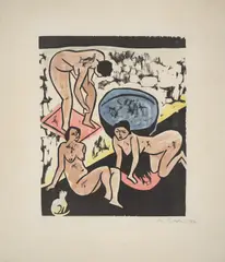 Badende I by Max Pechstein, 1911, Holzschnitt auf Japan, vom Künstler mit Wasserfarben koloriert, sold Feb 2024