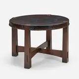 Gustav Stickley, Rare and Early table, model 420-L, c. 1901, oak, leather, patinated brass