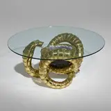 Henri Fernandez, Cobra coffee table, c. 1975, welded brass, amethyst geode, glass
