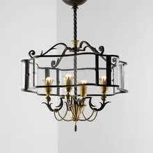 Gilbert Poillerat, chandelier, c. 1945, wrought iron, gilt iron, glass