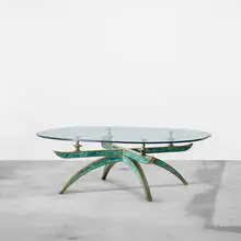 coffee table by Pepe Mendoza, c. 1960, brass, ceramic, glass, sold Apr 2011