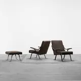Ignazio Gardella, Digamma lounge chairs and ottoman, 1957, enameled steel, upholstery, brass