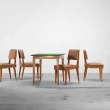 Jacques Quinet, game table and set of four chairs, 1958, acajou, leather, bronze, felt