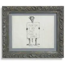 Manuel Ocampo, untitled (Fuck 'em if dey can't take a joke!!), 1992, ink on graph paper