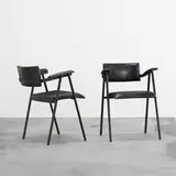 Jacques Adnet, armchairs, pair, c. 1950, leather, enameled steel, brass