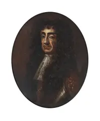 Sir Peter Lely, Portrait of Charles II, bust-length, in armour, within a stone cartouche; and Portrait of James II, bust-length, in armour, a pair, oil on panel, ovals