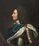 Sir Godfrey Kneller, Portrait of George I, bust-length, in armour and an ermine trimmed robe, within a painted oval, oil on canvas