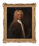 John Giles Eccardt, Portrait of a gentleman, traditionally identified as Henry Pelham, Prime Minister (1694-1754) half-length, in a brown coat, within a painted oval, oil on canvas