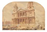 English School, St. Paul's Cathedral, pencil, pen and brown ink and watercolour, heightened with bodycolour