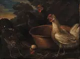 Poultry feeding by Dutch School, oil on canvas, unlined, sold Mar 2023