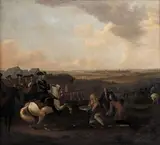 The magistrates of a besieged city bestowing the keys on John Churchill, 1st Duke of Marlborough during the War of the Spanish Succession by English School, oil on canvas, sold Mar 2023