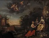 Jan Mijtens, Figures in an Arcadian landscape, oil on panel