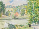 A stroll along the riverbank by R.B.A. Ronald Ossory Dunlop R.A., oil on canvas laid to board, sold Mar 2023