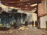 Edward Seago, Rws, Rba, 'Sunlight and Shadow - the Souk, Marrakech', oil on board