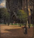 George Collins, Flower Seller outside Westminster Abbey, oil on canvas laid on board