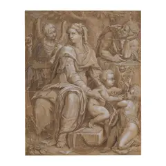 Orazio Samacchini, La Sacre famille, avec Saint Jean Baptiste et un ange, pen and brown ink, brown wash, heightened with white on laid paper