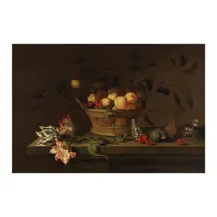 Jacob Marrel, Nature morte avec un panier de fruits, des coquillages et un lézard, oil on panel