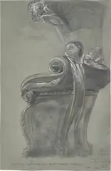 Max Klinger, Erster Entwurf zum Beethoven-Thron, 1886, Kreide, Bleistift, grau laviert, weiß gehöht, auf blaugrauem Papier
