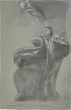 Max Klinger, Erster Entwurf zum Beethoven-Thron, 1886, Kreide, Bleistift, grau laviert, weiß gehöht, auf blaugrauem Papier