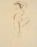 Wilhelm Lehmbruck, Mädchenakt mit aufgestemmtem linken Bein, 1914, Tuschfeder und Bleistift auf Papier, auf Japan aufgezogen