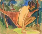 Max Kaus, Hockende vor Hängematte, 1921, Aquarell und Zimmermannsbleistift auf Papier