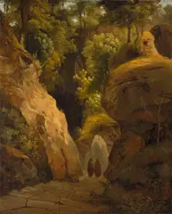 Mönche auf einer Treppe zwischen einer Felsenschlucht (Die Treppe zur Grotta di San Francesco alla Verna) by Carl Blechen, Um 1830, Öl auf Leinwand, auf Holz aufgezogen, sold Nov 2014